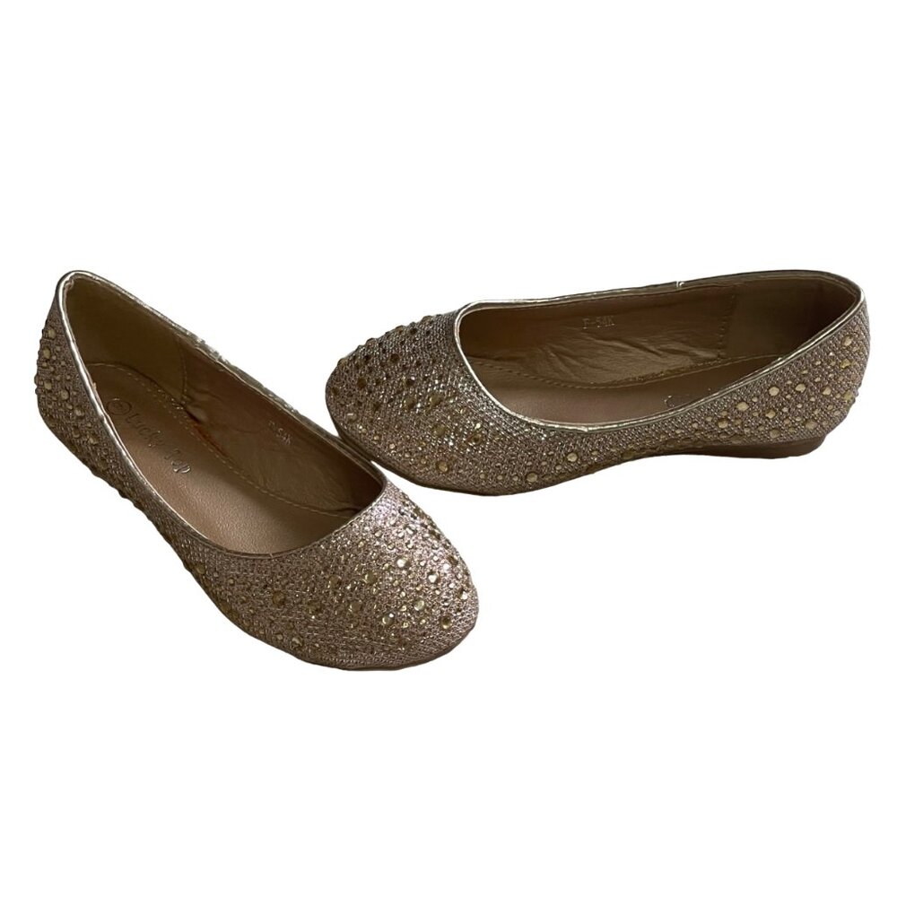 Lucky Top Toddler Girl Gold Sparkle Rhinestone Glitter Ballet Flat Dress Shoe 9